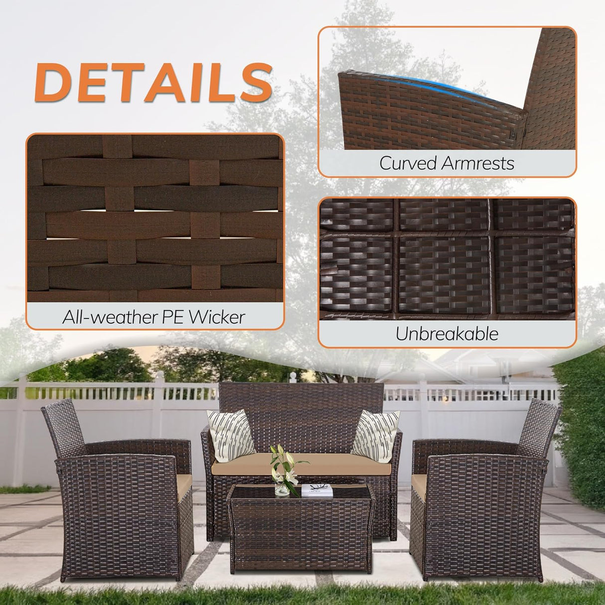 Seogwisam Juego de muebles de patio de 4 piezas, juegos de conversación de mimbre para exteriores, sofá seccional de ratán con mesa de café, cojines de asiento para patio trasero, porche, jardín,