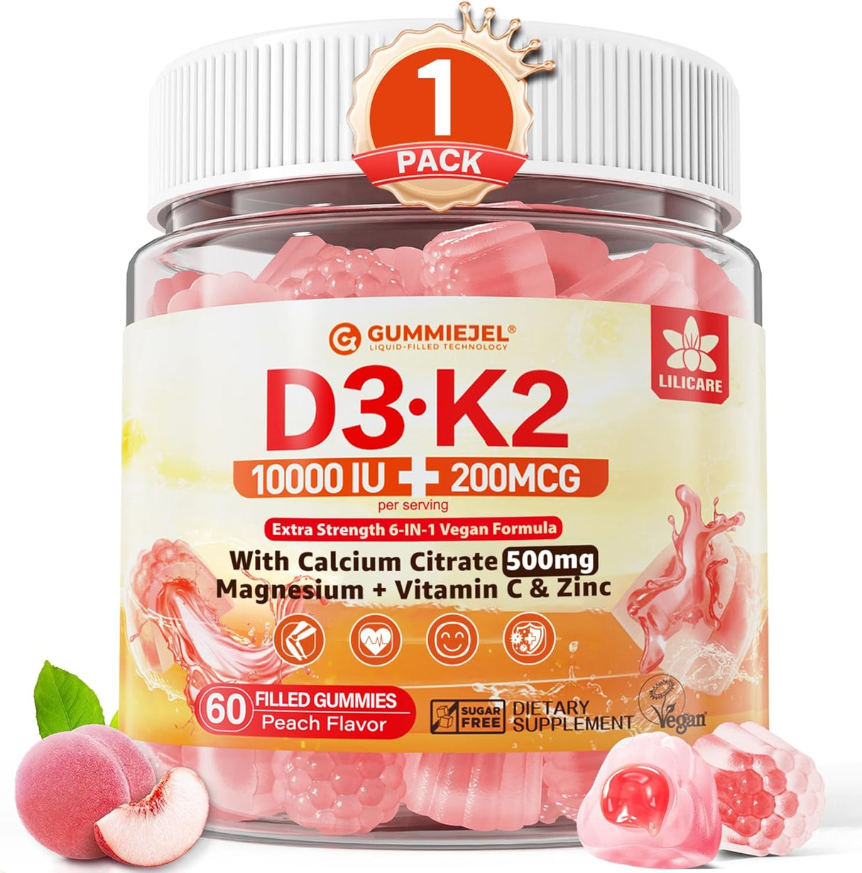 Vitamin D3 K2 Gummies 5000IU 10000IU Vegano 60u