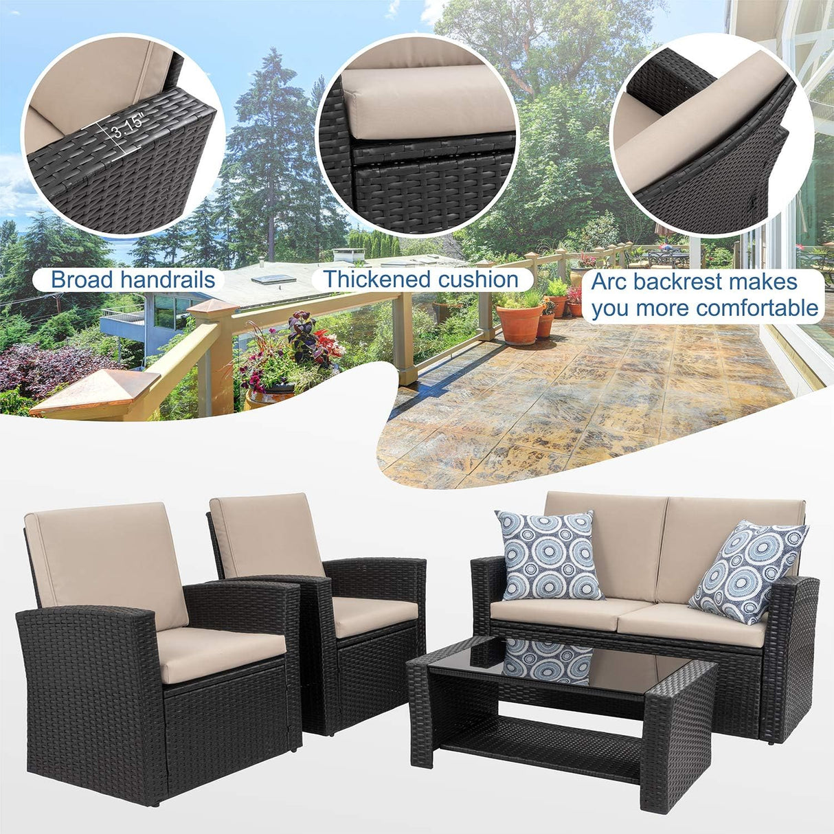 Shintenchi Juego de muebles de patio al aire libre de 4 piezas, sofá seccional de ratán de mimbre con mesa de centro de cristal | Negro