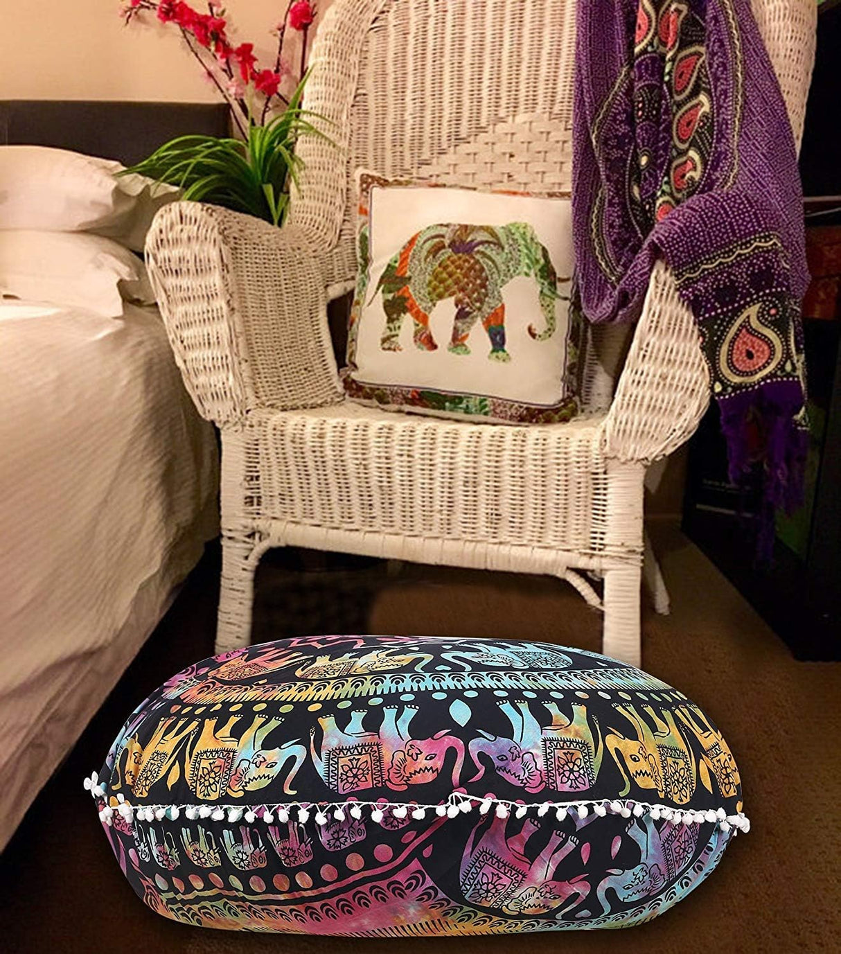 Funda bohemia para cojín, de 32 pulgadas, con diseño de mandala, para meditación, decorativa, otomana, grande, para exteriores, decoración del hogar, decoración de arte en el hogar, redonda, con pompones de algodón, cómoda