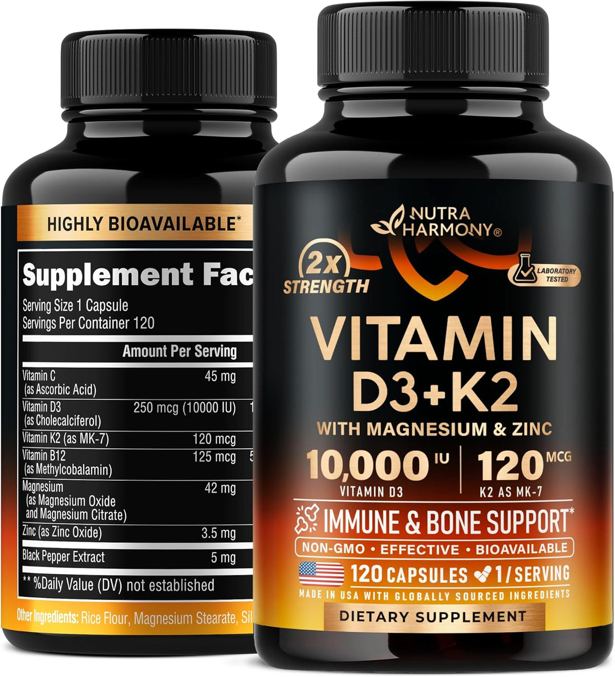 Vitamina D3 K2 120 cápsulas, soporte inmuno, huesos, USA