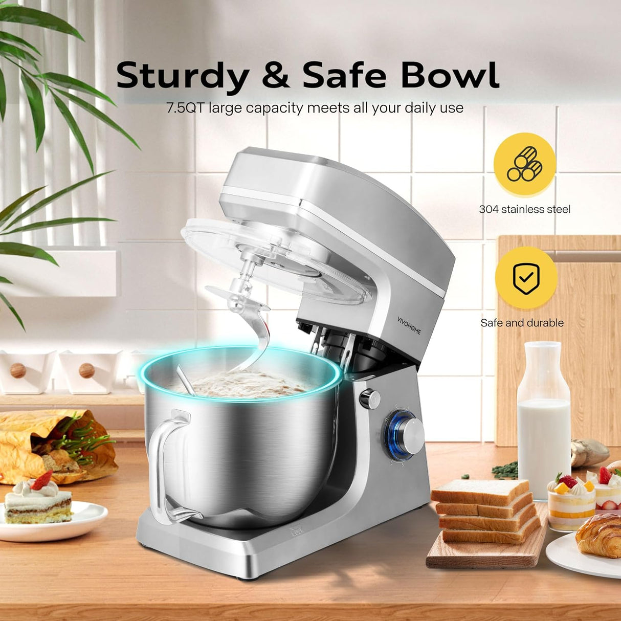 Batidora de pie VIVOHOME 7.5L 660W 6 velocidades, modelo 2023
