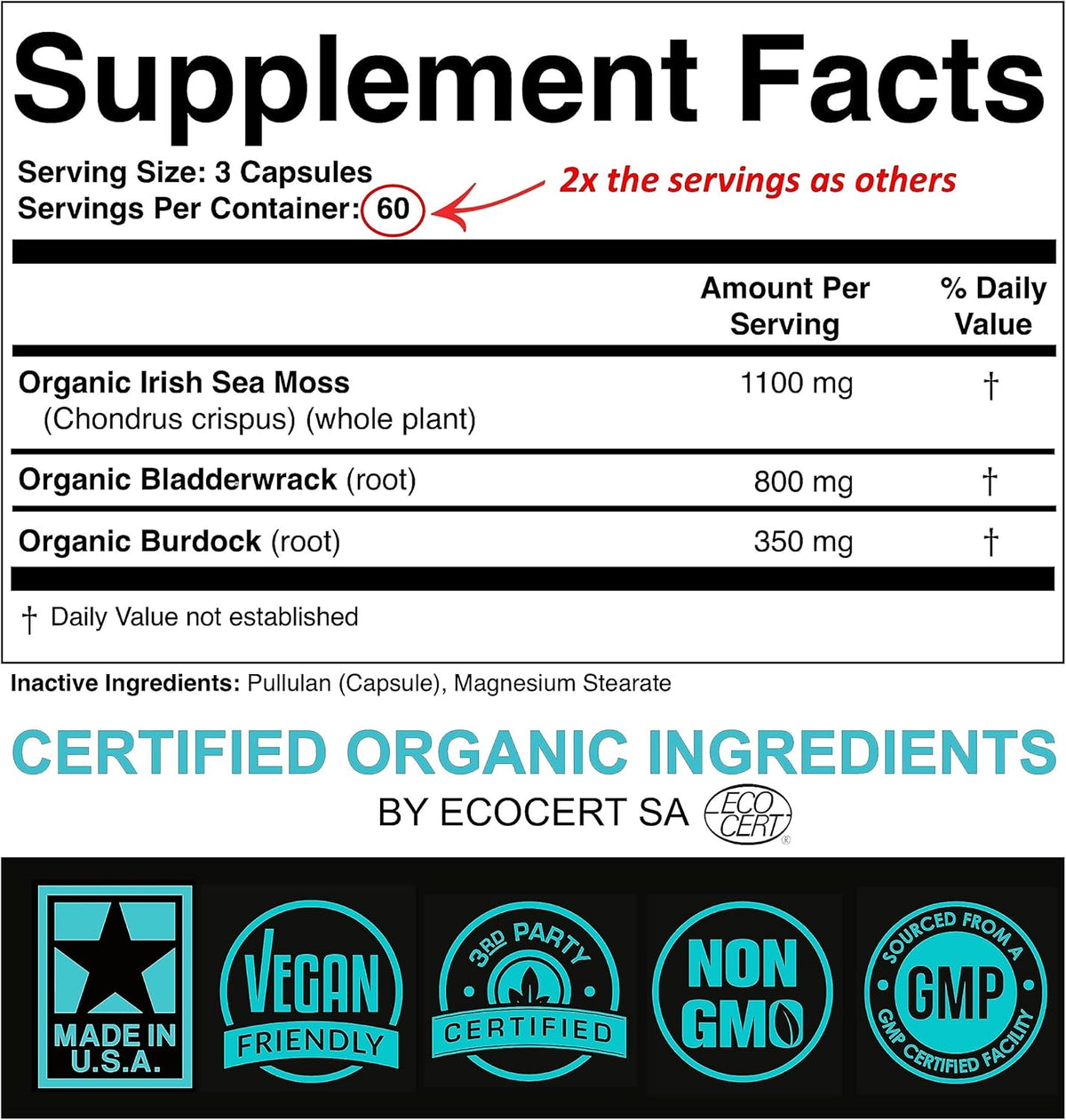 Cápsulas Orgánicas de Sea Moss 2250mg Irish Burdock 180