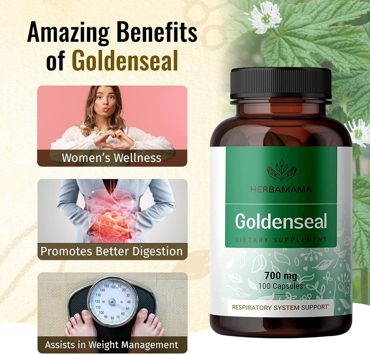 Suplemento de raíz Goldenseal  Pastillas orgánicas 100 cáp