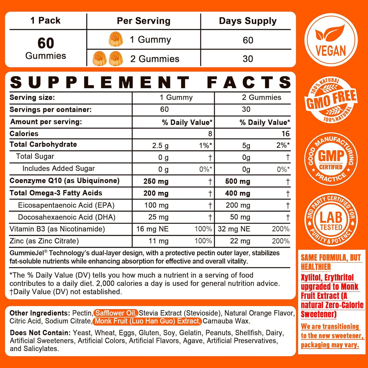 Gummies CoQ10 Sin Azúcar + Omega-3, B3, Zinc - 60 C
