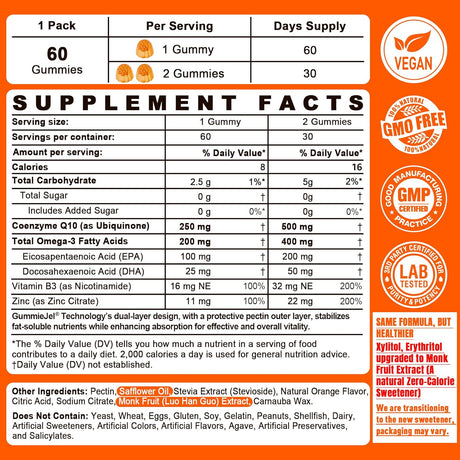 Gummies CoQ10 Sin Azúcar + Omega-3, B3, Zinc - 60 C