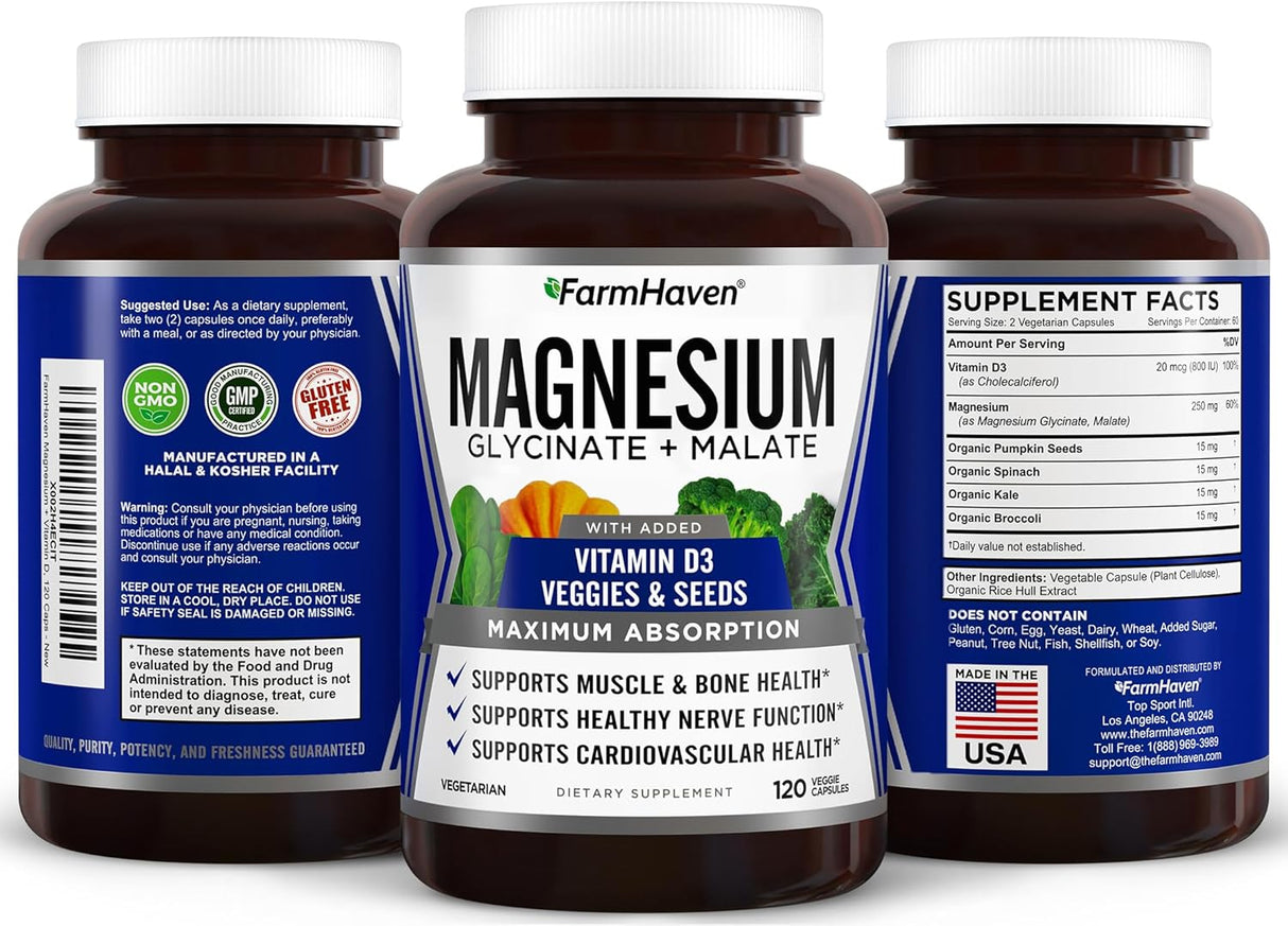 FarmHaven Magnesio Glicinato y Malato con D3, 120 cápsulas