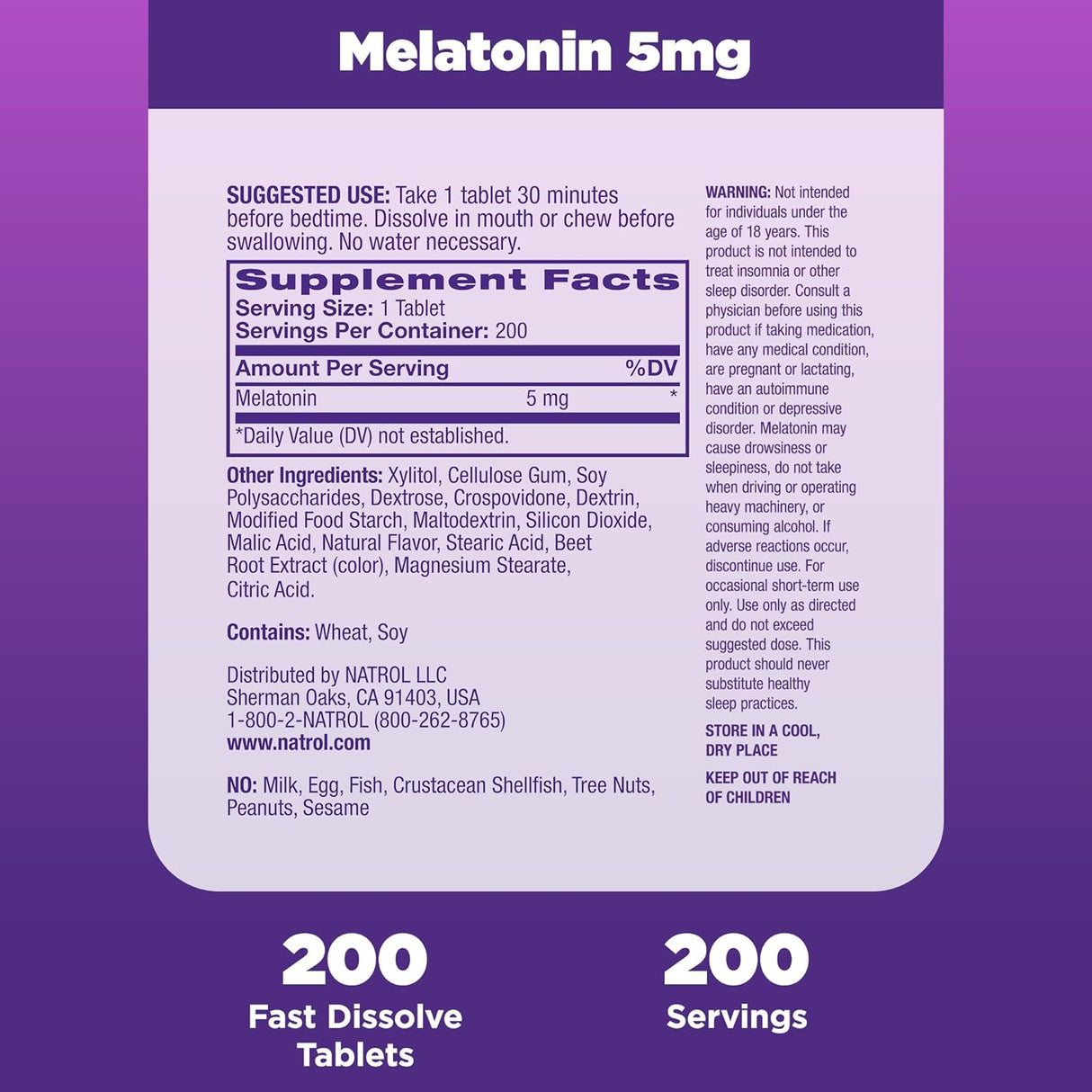 Tabletas de Melatonina 5 mg Natrol, Sabor Fresa, 200 tabletas