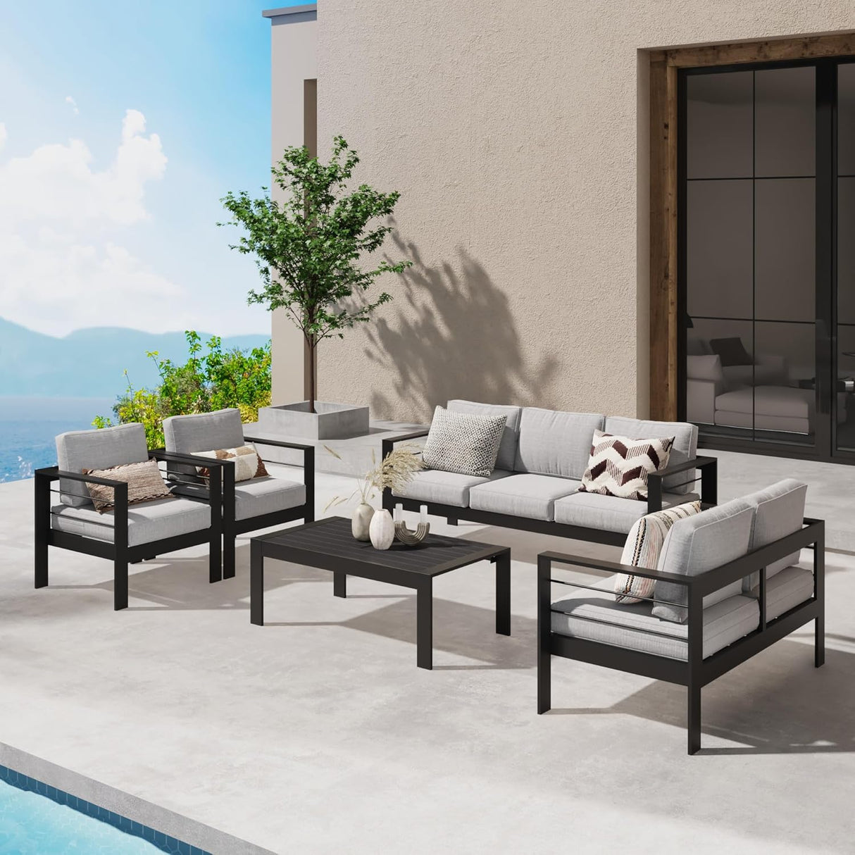 Wisteria Lane Juego de muebles de aluminio para patio, juego de conversación al aire libre, sofá modular de metal con cojín de 5 pulgadas y mesa auxiliar para balcón, patio trasero, jardín, marco