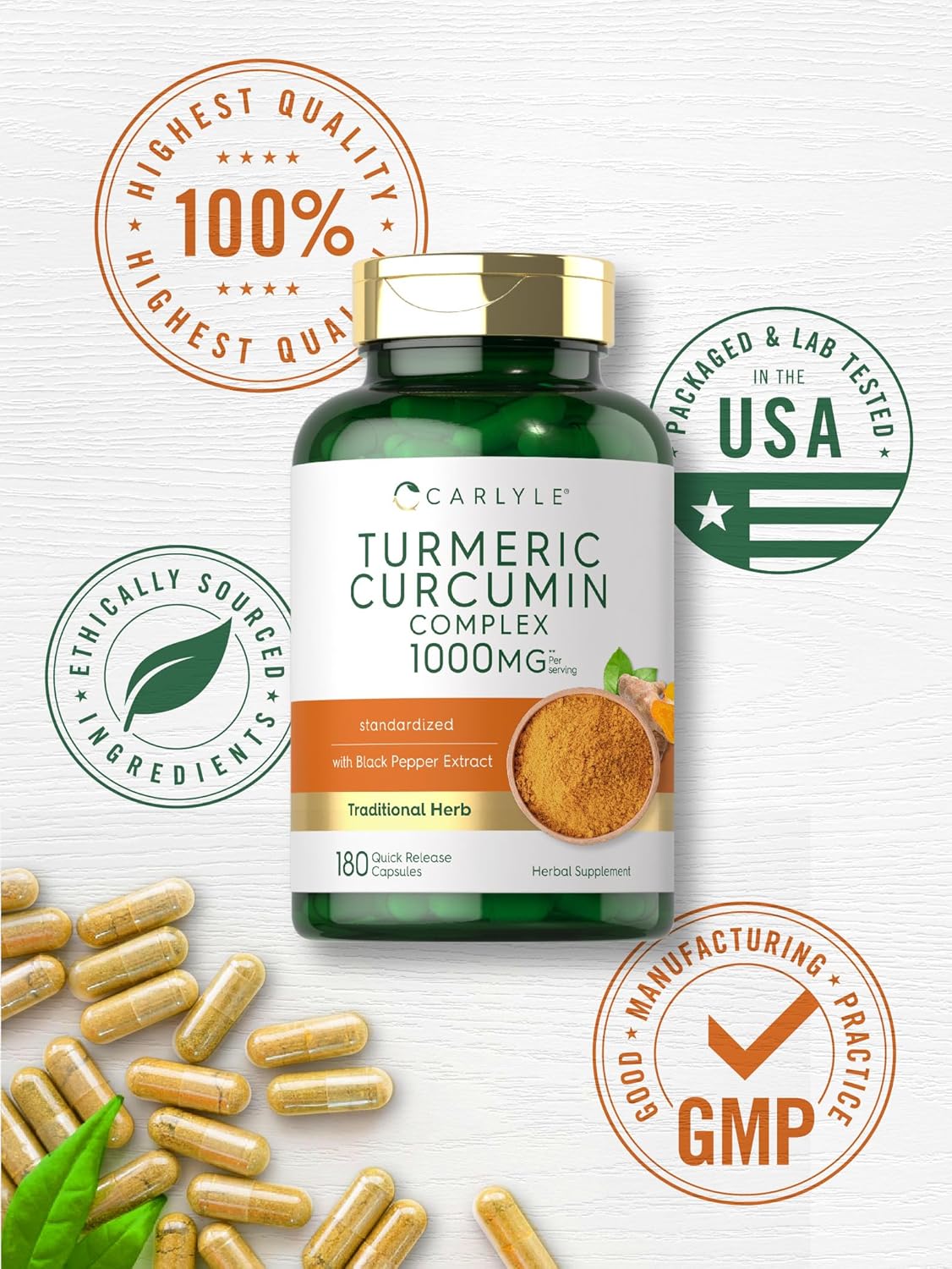 Suplemento de Cúrcuma Carlyle 1000mg | 180 Cápsulas Non-GMO