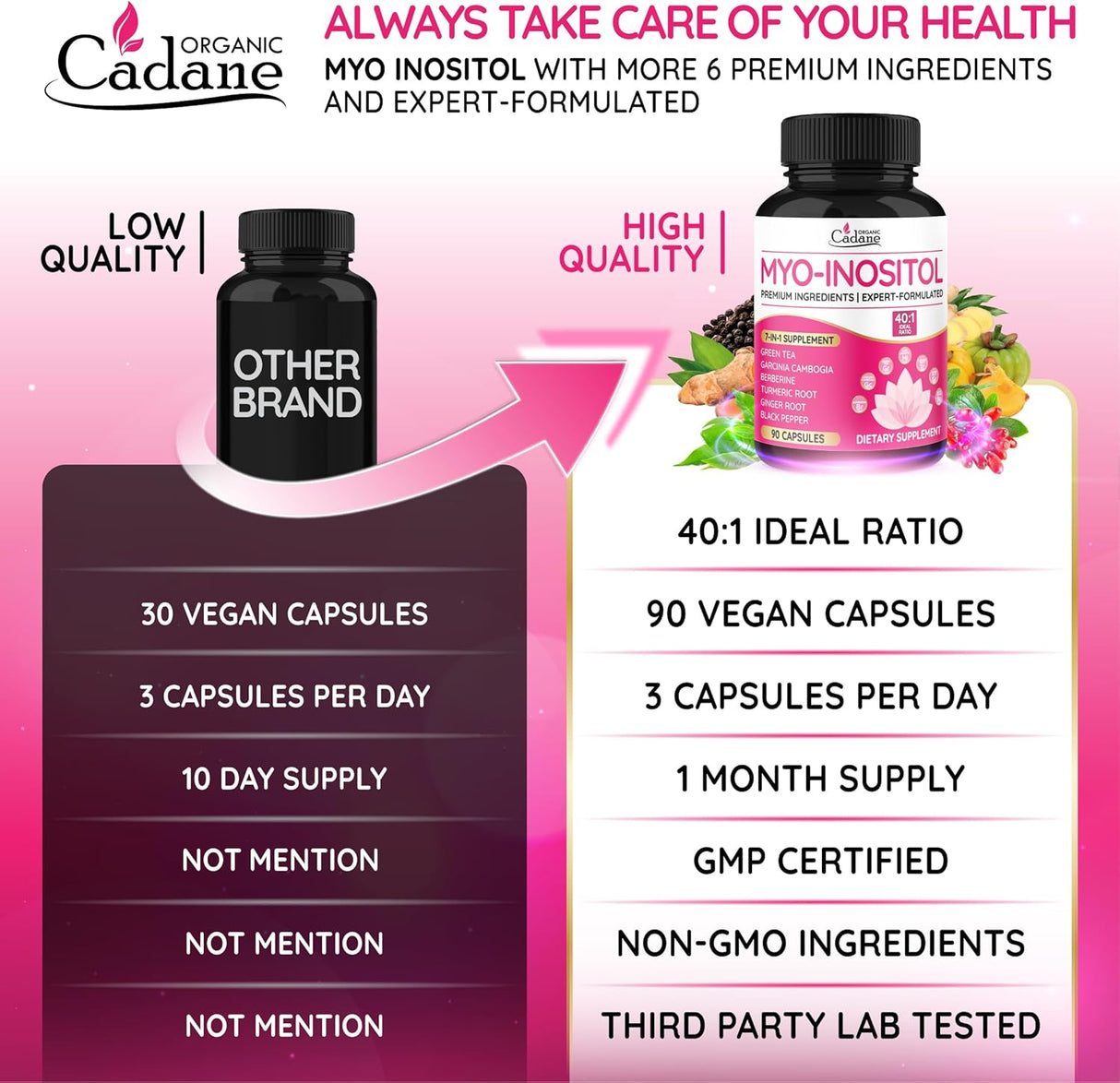 Cadane Myo Inositol, Té Verde & Garcinia Capsules, 90