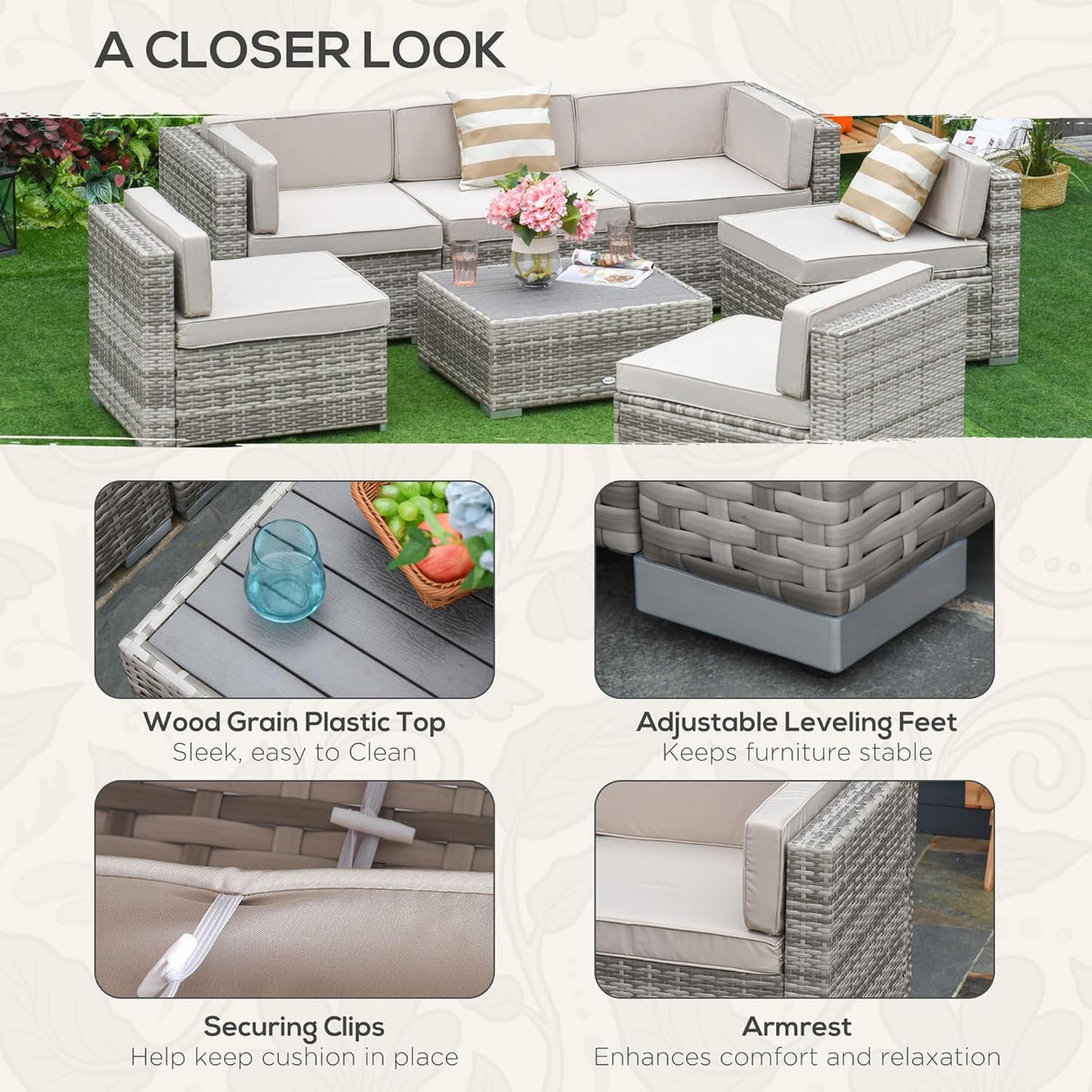 Outsunny Juego de muebles de patio de 7 piezas, juego de conversación de mimbre para exteriores, juego de sofá modular de ratán PE para todo tipo de clima, con cojines y mesa de madera sintética templada, almohadas a rayas, beige