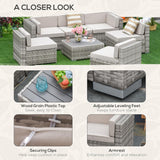 Outsunny Juego de muebles de patio de 7 piezas, juego de conversación de mimbre para exteriores, juego de sofá modular de ratán PE para todo tipo de clima, con cojines y mesa de madera sintética templada, almohadas a rayas, beige