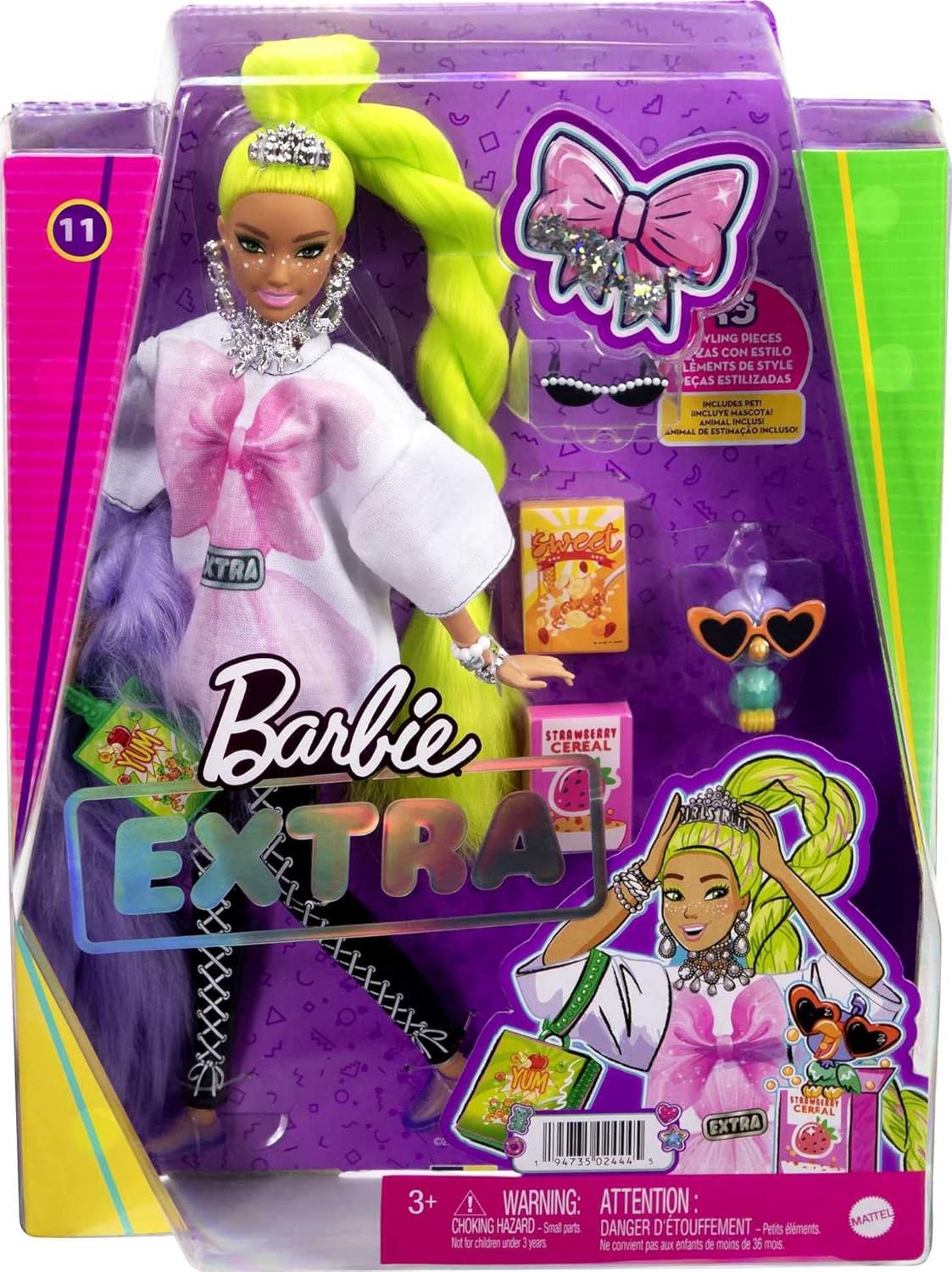 Muñeca Barbie Extra con accesorios y mascota, pelo neón