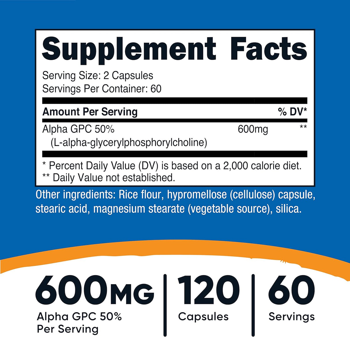 Alpha GPC 600mg Cápsulas Vegetarianas, Sin OGM ni Gluten