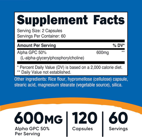 Alpha GPC 600mg Cápsulas Vegetarianas, Sin OGM ni Gluten