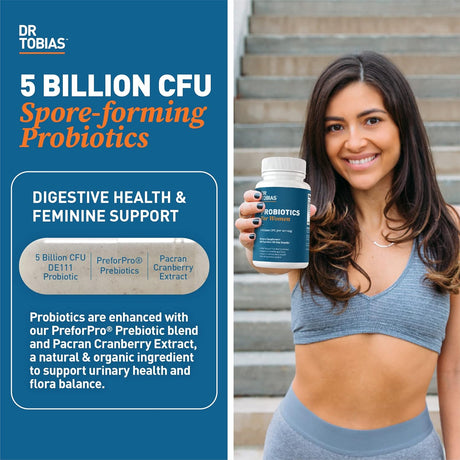 Probioticos para Mujeres, Dr. Tobias, 5B CFUs + Prebioticos y Arándano, 60 cápsulas