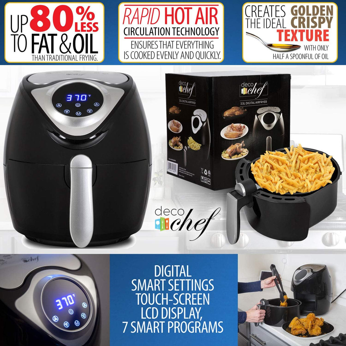 Freidora de aire Deco Chef XL 3.7 QT, 7 programas inteligentes