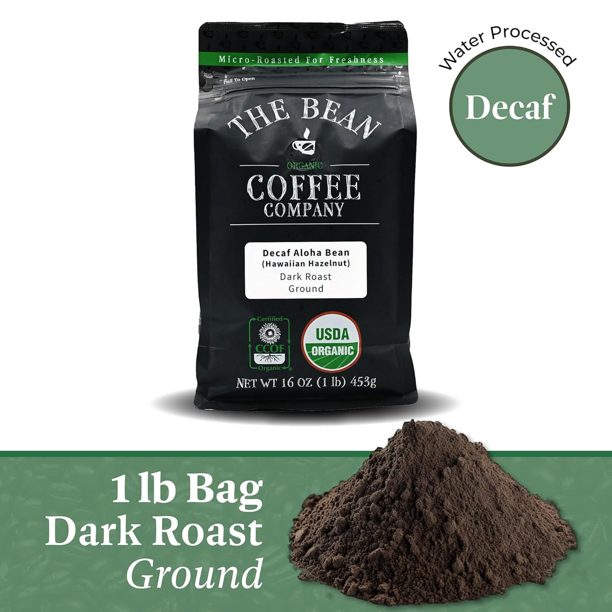 Café Molido Orgánico Descafeinado Aloha Bean 16 oz, The Bean