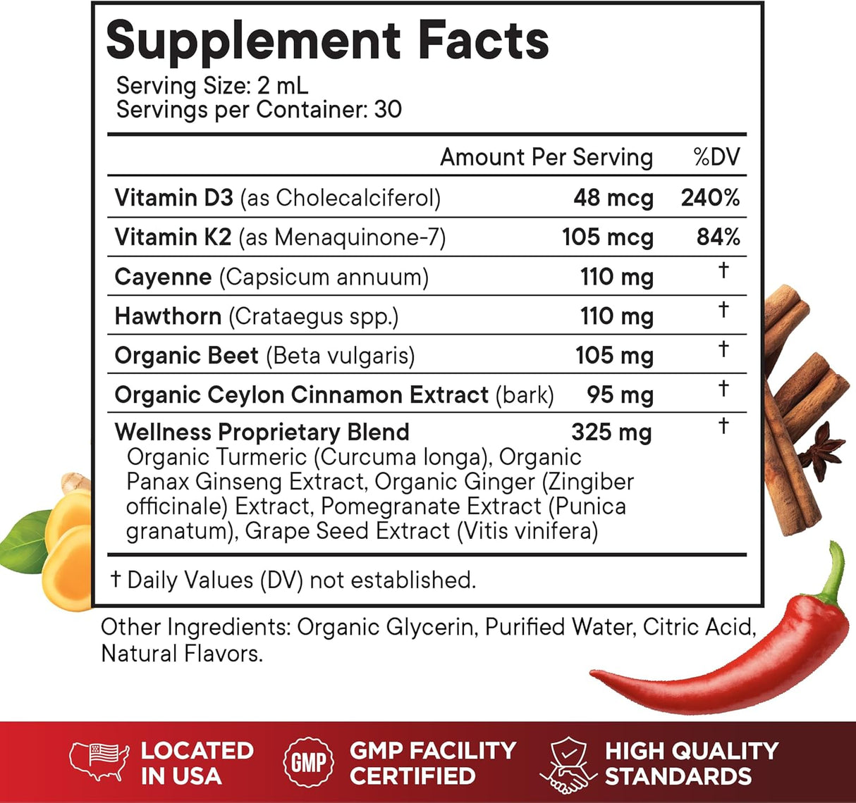 Suplemento Líquido Cayena + Baya de Sauco, D3 K2, Remolacha, Ceylon, Cúrcuma, Ginseng 4 OZ