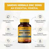 Sandhu Herbals Zinc 30mg Suplemento para Hombres y Mujeres