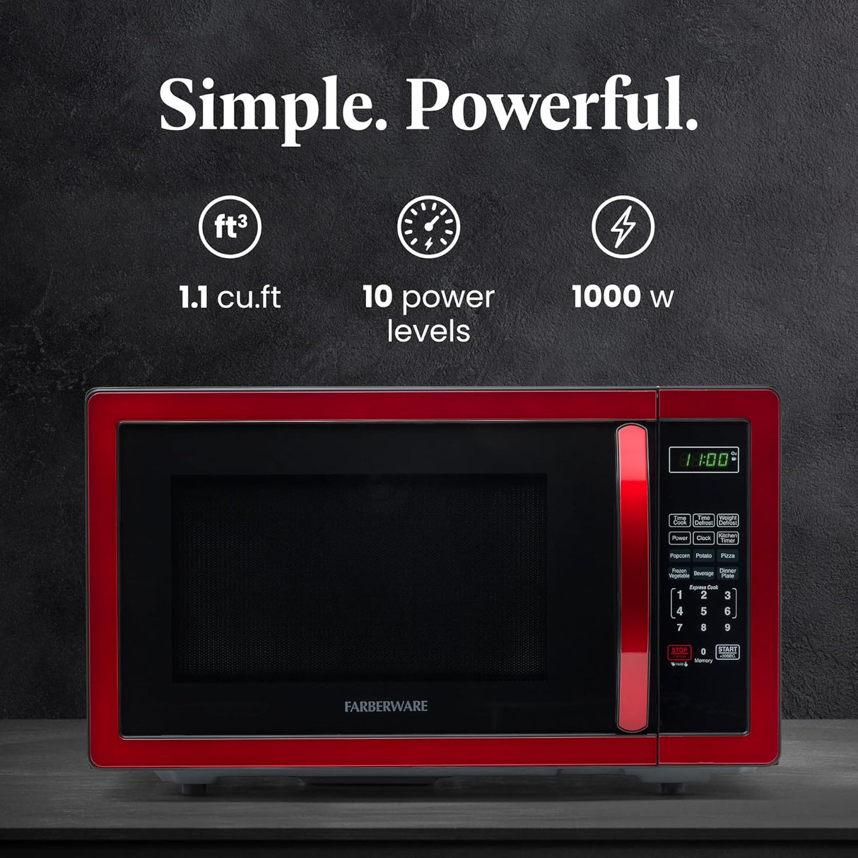 Microondas Farberware 1000W 1.1 cu ft con Luz LED y Bloqueo Infantil