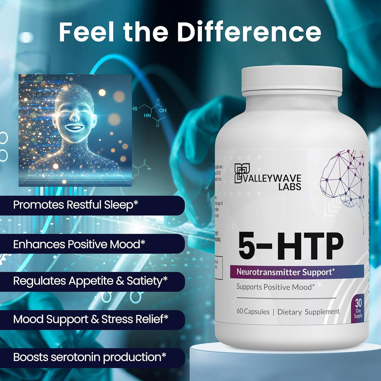 Suplemento 5-HTP 200mg - Apoyo al ánimo y sueño, 60 cápsulas