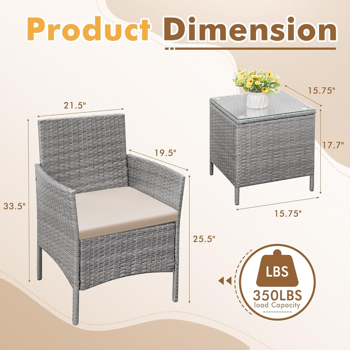 Flamaker Juego de muebles de patio de 3 piezas de ratán para todo tipo de clima, sillas de patio con mesa de vidrio templado para porche, bistró y balcón (gris/crema)