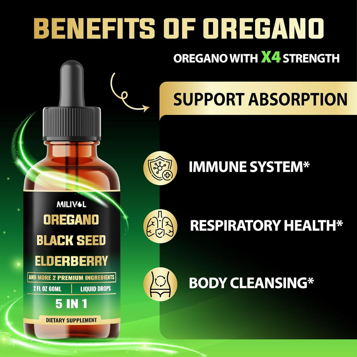 Oregano Oil Líquido 5en1 con SemillaNegra, Elderberry, Ajo, Olivo 2oz