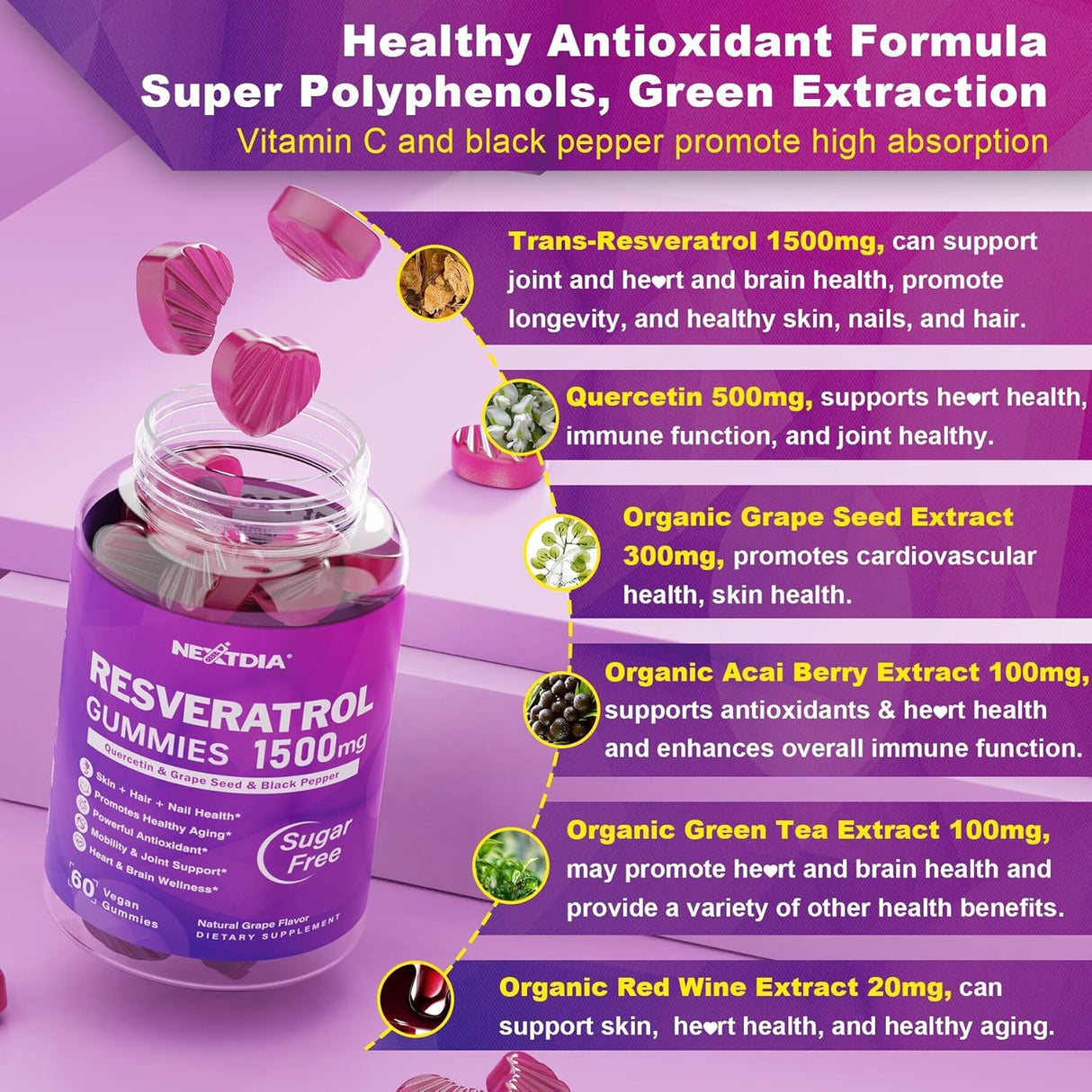 Suplemento Gomitas de resveratrol de 1500 mg  sin azúcar con quercetina