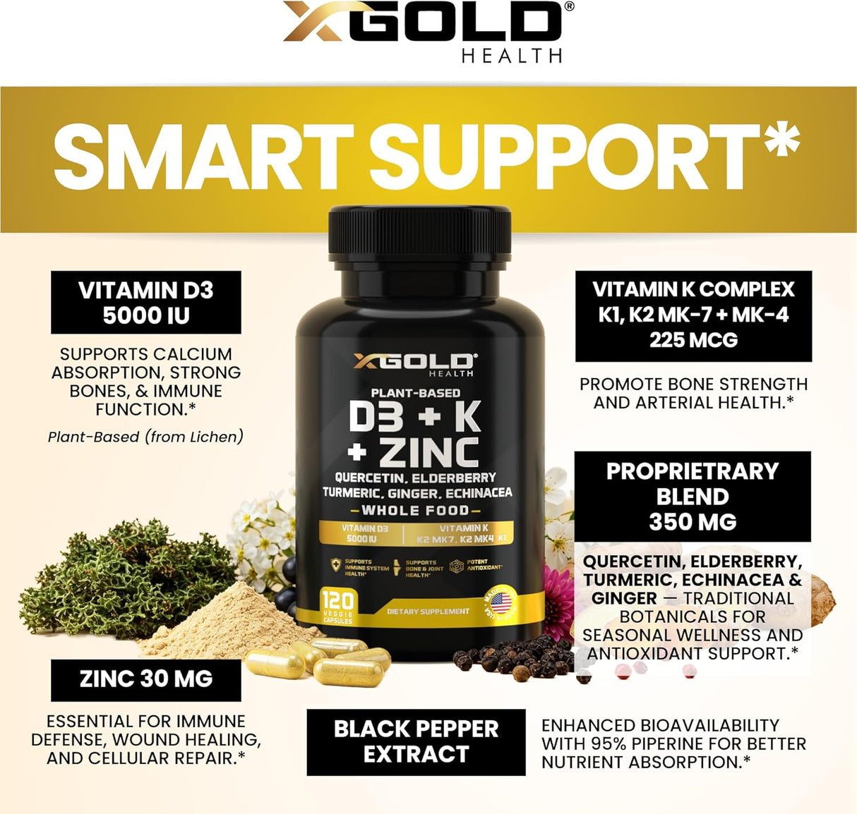 Suplemento multivitamínico 8 en 1 Lichen D3 K2 Zinc Quercetina