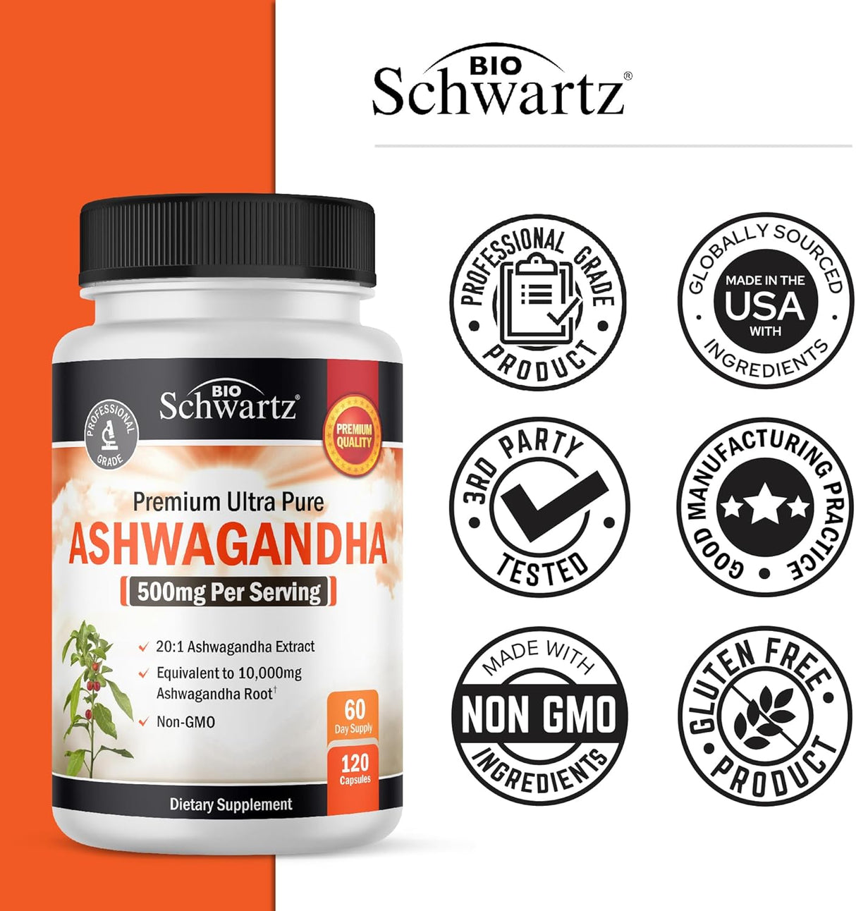 Suplementos de Ashwagandha - Extra Fuerte, 60 Cápsulas