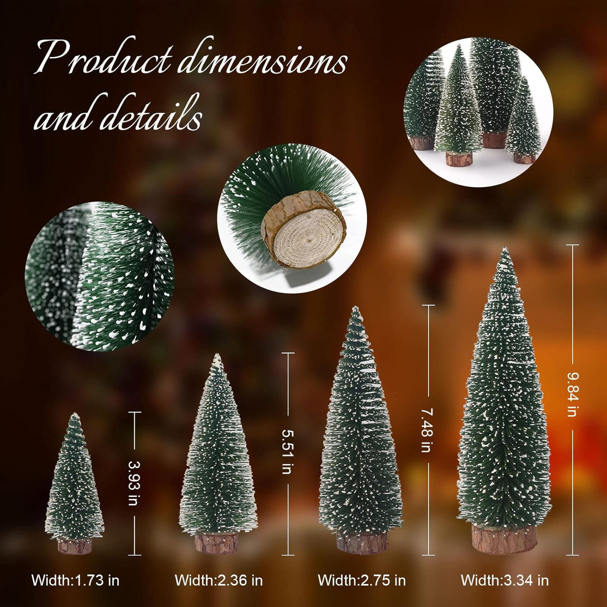 Mini Árbol de Navidad, Base de Madera, 4 Piezas, Decoración
