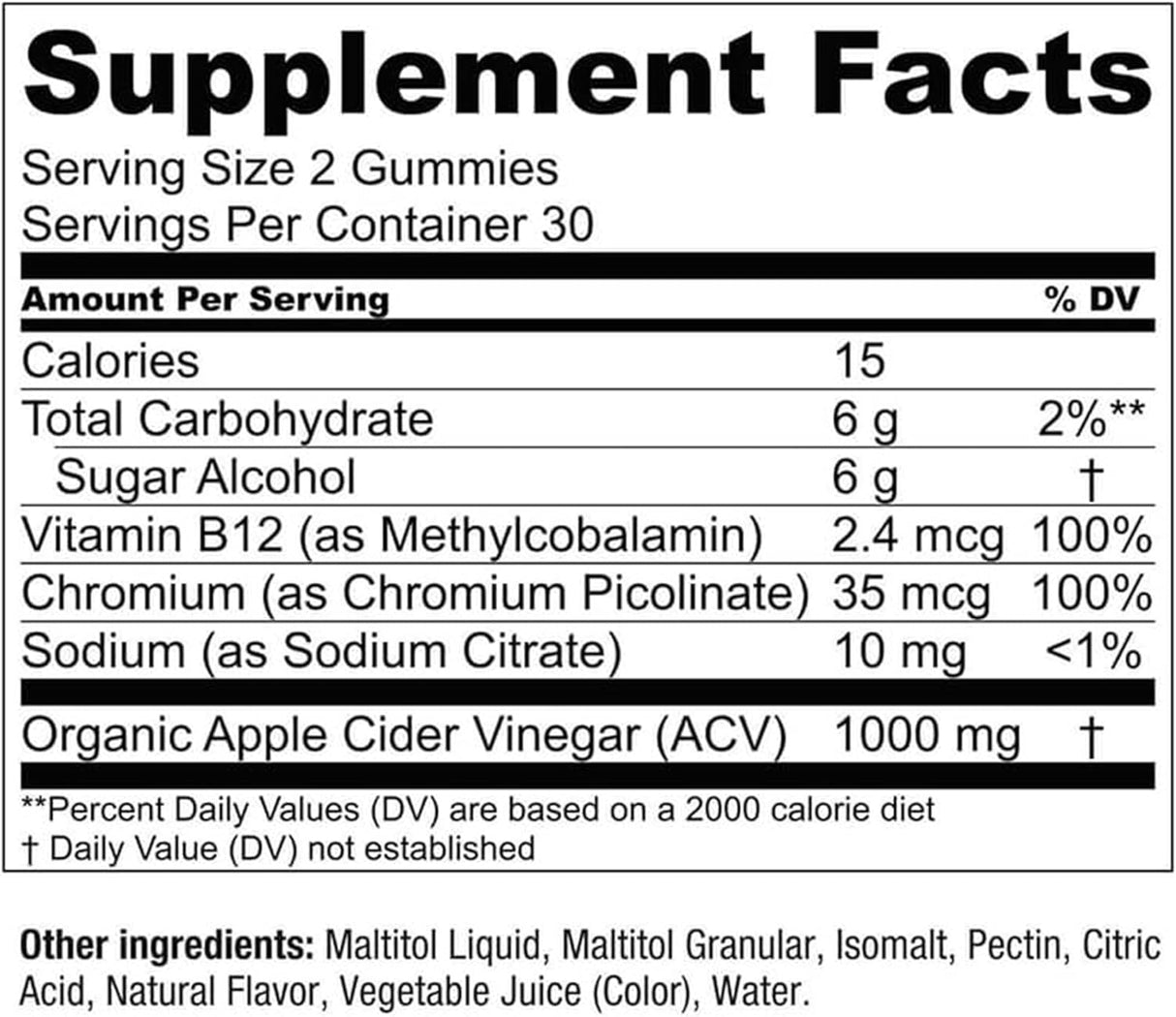 Essential Elements Gomitas de vinagre de sidra de manzana ACV sin azúcar de &#34;The Mother&#34; - Gomitas veganas ACV de origen natural con ácido fólico y vitamina B12, 60 unidades
