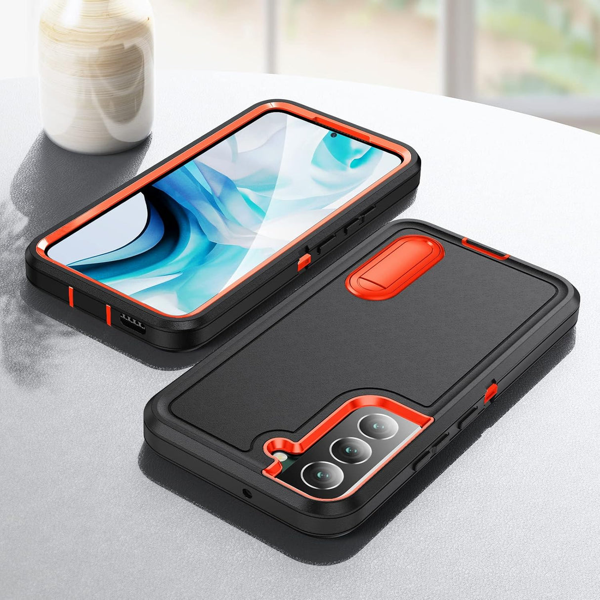 BaHaHoues Funda para Samsung Galaxy S22, Samsung S22, con soporte integrado, a prueba de golpes, polvo, caídas, grado militar, para Galaxy S22 5G de 6.1 pulgadas (negro/naranja)