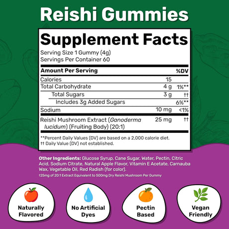 Suplemento Reishi Gomitas de hongos Deliciosa manzana 60und