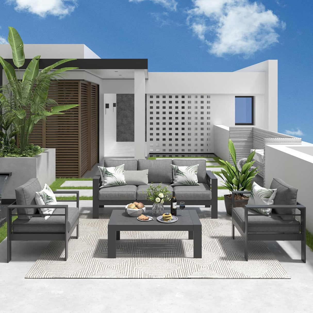 Solaste Juego de muebles de aluminio para patio, 4 piezas, moderno juego de conversación al aire libre, sofá seccional con cojín mejorado y mesa auxiliar, gris