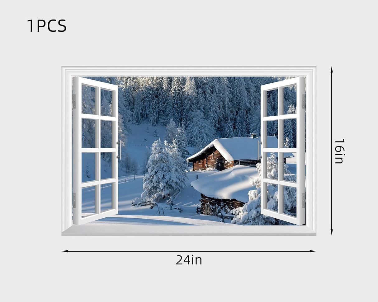 Adhesivo de pared falso para ventana, mural de pared de casa de invierno para decoración de pared, calcomanías de pared para pegar y despegar, 24 x 16 pulgadas
