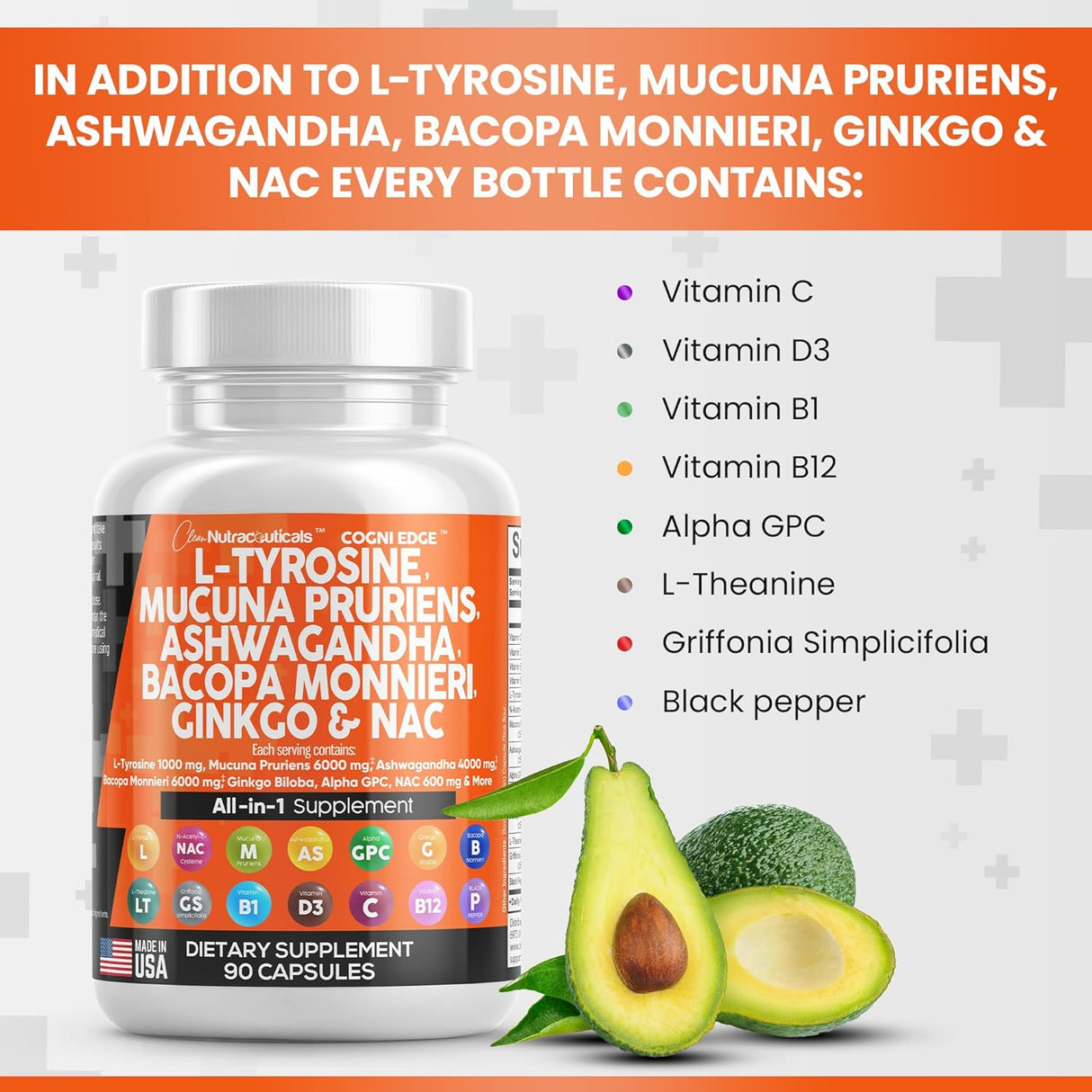 Suplemento Clean Nutraceuticals L Tirosina 1000mg Mucuna