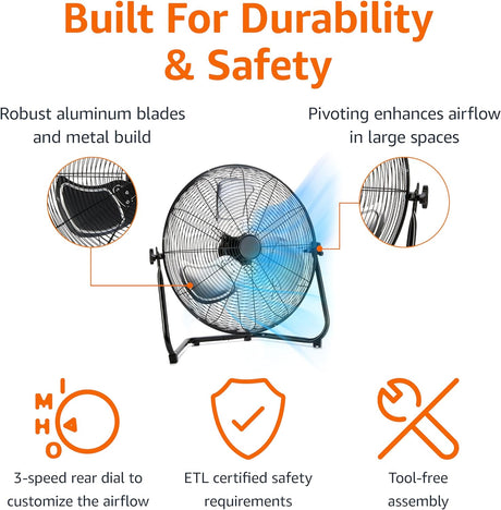 Ventilador Industrial 20 Amazon Basics, 3 Velocidades, 125W