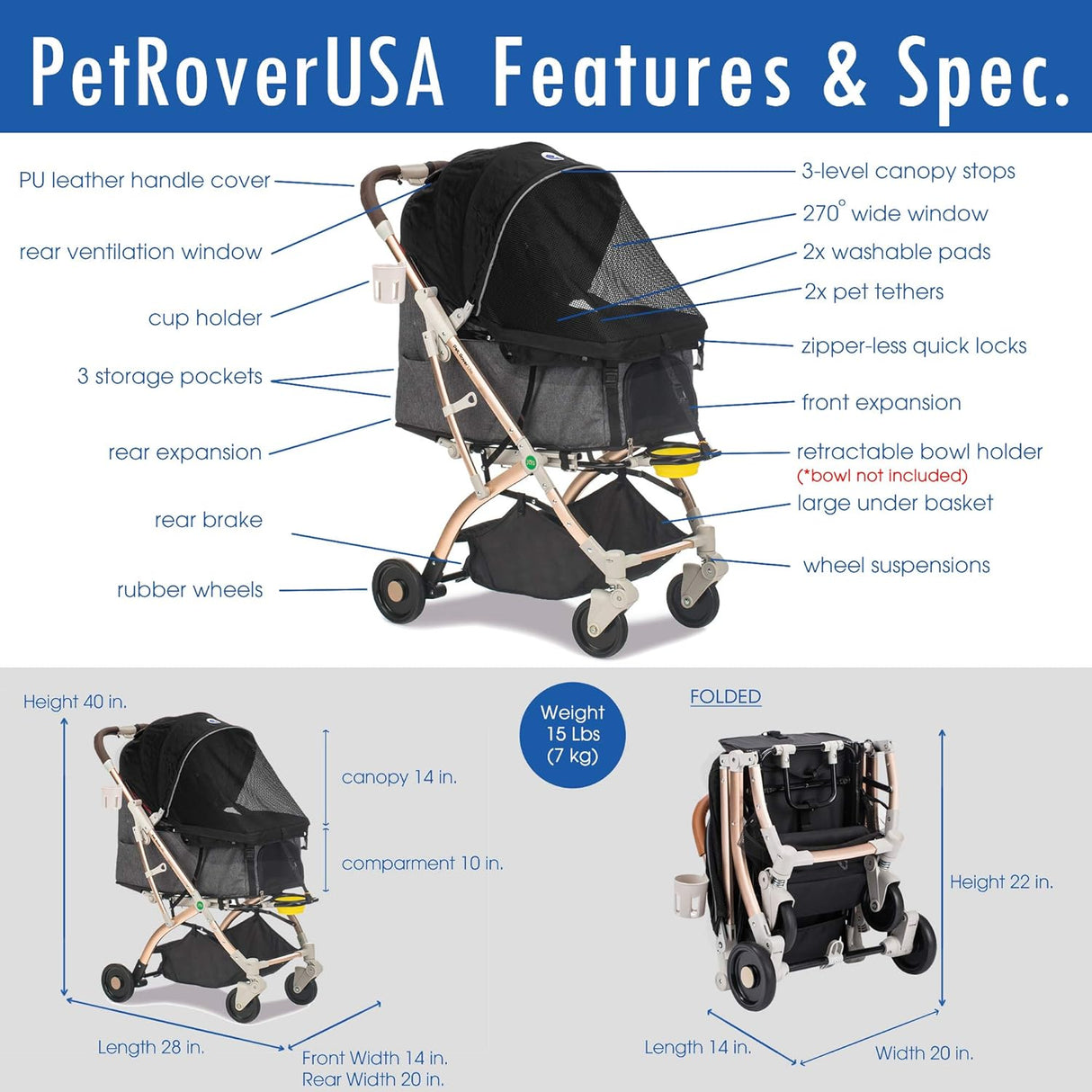 Carrito de Mascotas HPZ Pet Rover Lite, Plegable, 2da Generación