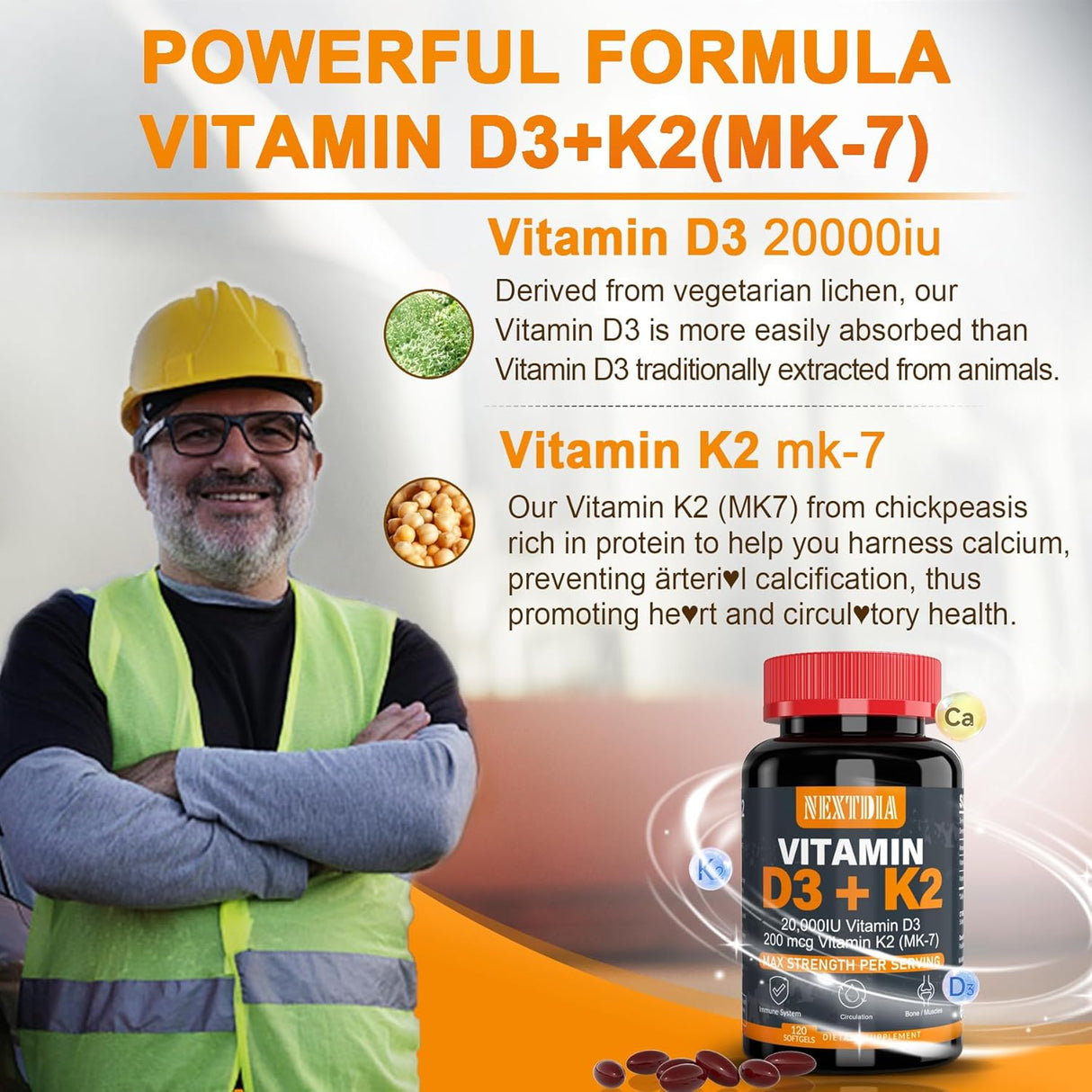 Vitamina D3 20,000 IU + K2 200mcg - Salud Ósea y Muscular
