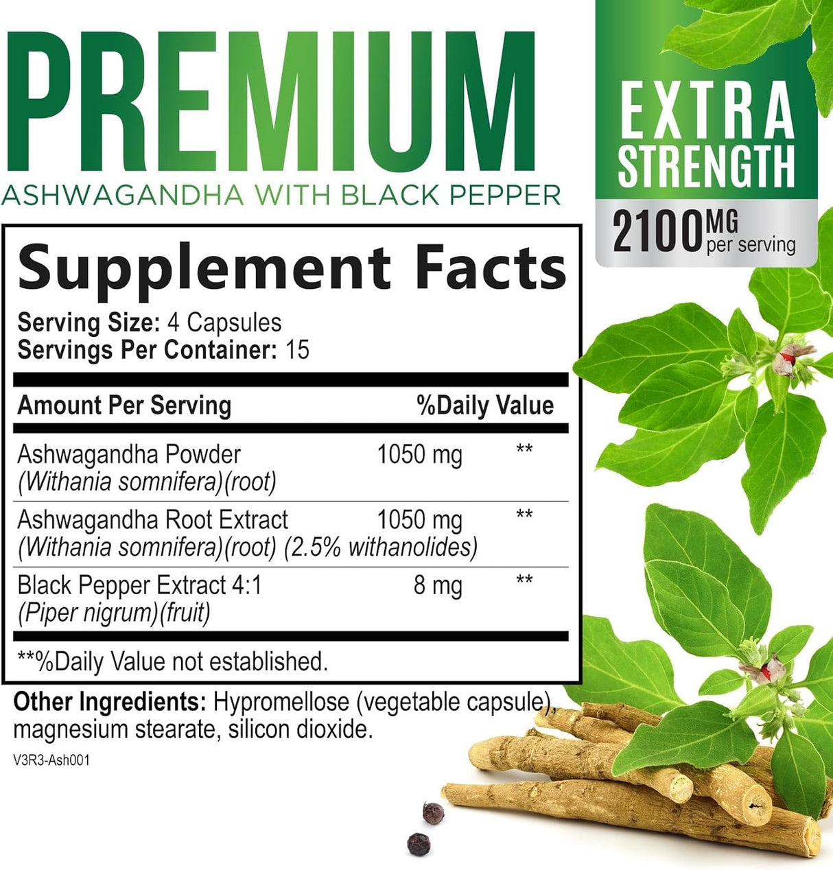 Suplemento de Ashwagandha 2100mg - Antioxidante, 60 Cápsulas