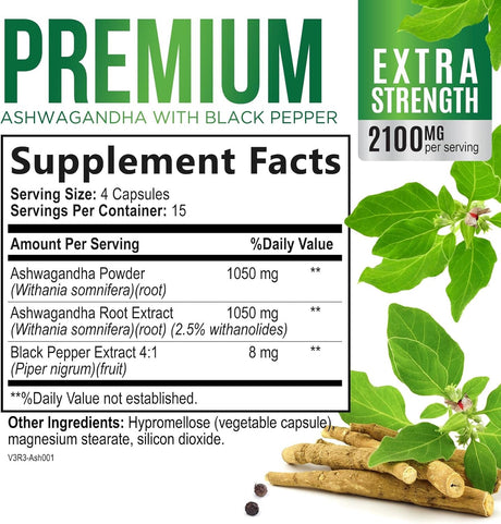 Suplemento de Ashwagandha 2100mg - Antioxidante, 60 Cápsulas