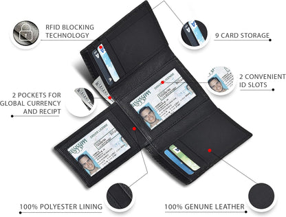 Billetera Trifold de Cuero para Hombre - RFID, 9 Tarjetas, 2 ID