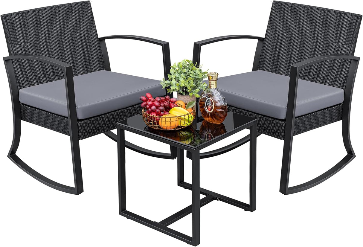 Greesum Juego de muebles de exterior de 3 piezas para patio, bistró, mecedoras con mesa de centro de cristal para piscina, playa, patio, balcón, porche, terraza, jardín, gris
