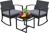 Greesum Juego de muebles de exterior de 3 piezas para patio, bistró, mecedoras con mesa de centro de cristal para piscina, playa, patio, balcón, porche, terraza, jardín, gris