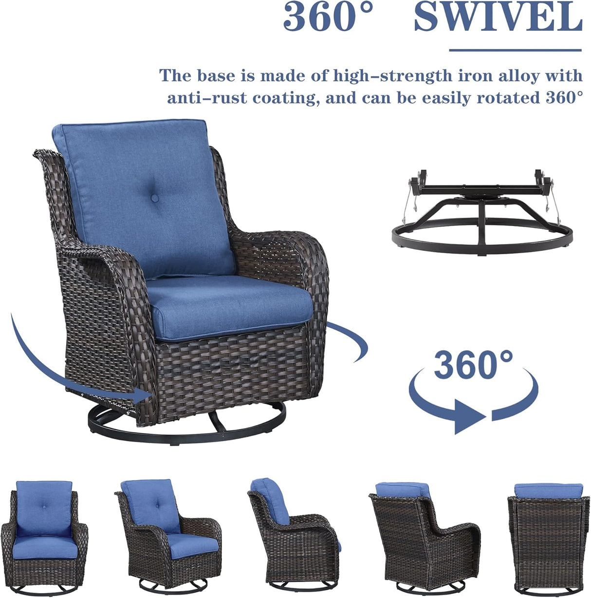 Belord Juegos de muebles de mimbre para patio, 13 piezas de muebles de ratán para exteriores con 4 sillas mecedoras giratorias, 2 sofás de ratán, otomanas de mimbre y mesa auxiliar, marrón/azul