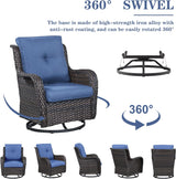 Belord Juego de muebles de mimbre de patio de 5 piezas, 4 sillas giratorias para exteriores con mesa para fogata de propano, juego de conversación cálido para patio, cojín azul, perfecto para
