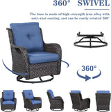 Belord Juego de muebles de patio al aire libre con mesa para fogata de propano de 50000 BTU, juego de conversación de mimbre para patio con 2 sillas giratorias mecedoras, sofá de ratán, cojín azul,
